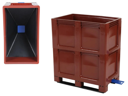 Funnel base pallet box GEO box - 1000 x 600 mm - 385 liter - with 120 mm slide gate - on 2 runners - reddish brown