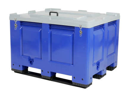Latched BIG BOX pallet box - 1200 &times; 1000 mm - with hinged lid (also lockable) - with 3 pallet runners - blue - (gritting salt bin)