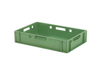 Stapelbeh&auml;lter E1 - 600 x 400 x H 125 mm - bel&uuml;fteter Oberrand - glatter Boden - gr&uuml;n