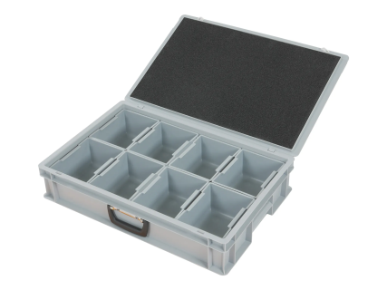 Case with insert bins - 600 x 400 x H 133 mm - grey - with 8 insert bins 1/8 - grey