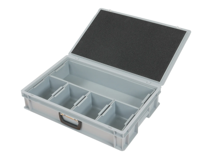 Case with insert bins - 600 x 400 x H 133 mm - grey - with 5 insert bins, respectively 1/2-1/8 - grey