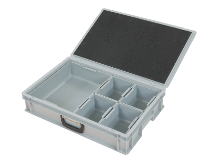 Case with insert bins - 600 x 400 x H 133 mm - grey - with 5 insert bins, respectively 1/2 width and 1/8 - grey