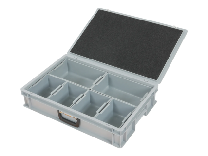Case with insert bins - 600 x 400 x H 133 mm - grey - with 6 insert bins, respectively 1/4-1/8 - grey