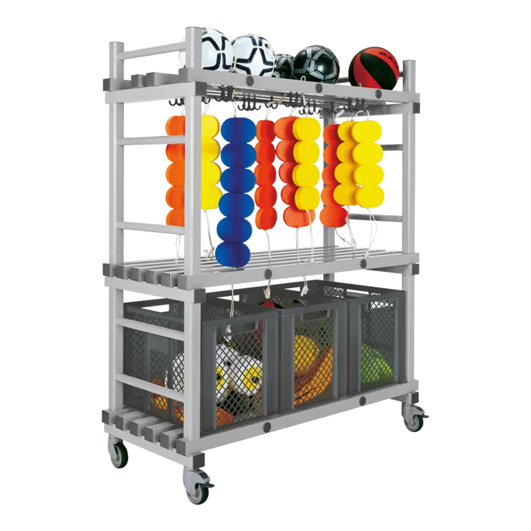 Materialwagen aus Kunststoff - 1380 x 600 x H 1750 mm - Kombi-Ausf&uuml;hrung, f&uuml;r verschiedene Schwimm- und Sportutensilien - grau