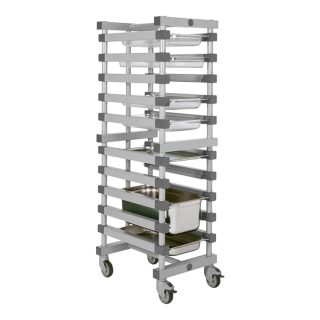 Kunststof bakkenwagen en schalenwagen voor Gastronorm - 470 x 610 x H 1600 mm - met 10 opnames en stopstang - grijs