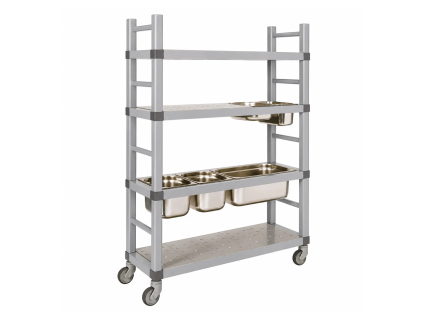 Verrijdbare kunststof stelling voor Gastronorm - 1193x410xH1920mm - met 4 schappen en bovenset - grijs