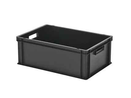 Stapelbeh&auml;lter - 600 x 400 x H 220 mm - offene Handgriffe - glatter Boden - schwarz