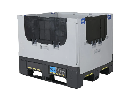 Faltbare Palettenbox MAGNUM Optimum 975 S - 1200 x 1000 mm - auf 2 Palettenkufen und 2 F&uuml;&szlig;en - mit 2 Ladeklappen - grau/schwarz