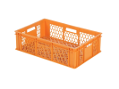 Stapelkrat - 600 x 400 x H 170 mm - geheel geperforeerd - 4 open handgrepen - rasterbodem - oranje